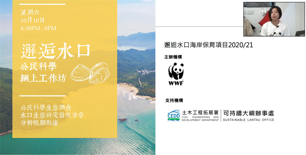 可持续大屿办事处联同世界自然基金会香港分会举办了一场「邂逅水口」公民科学网上工作坊，以推广保育大屿山水口海岸地区的重要性。